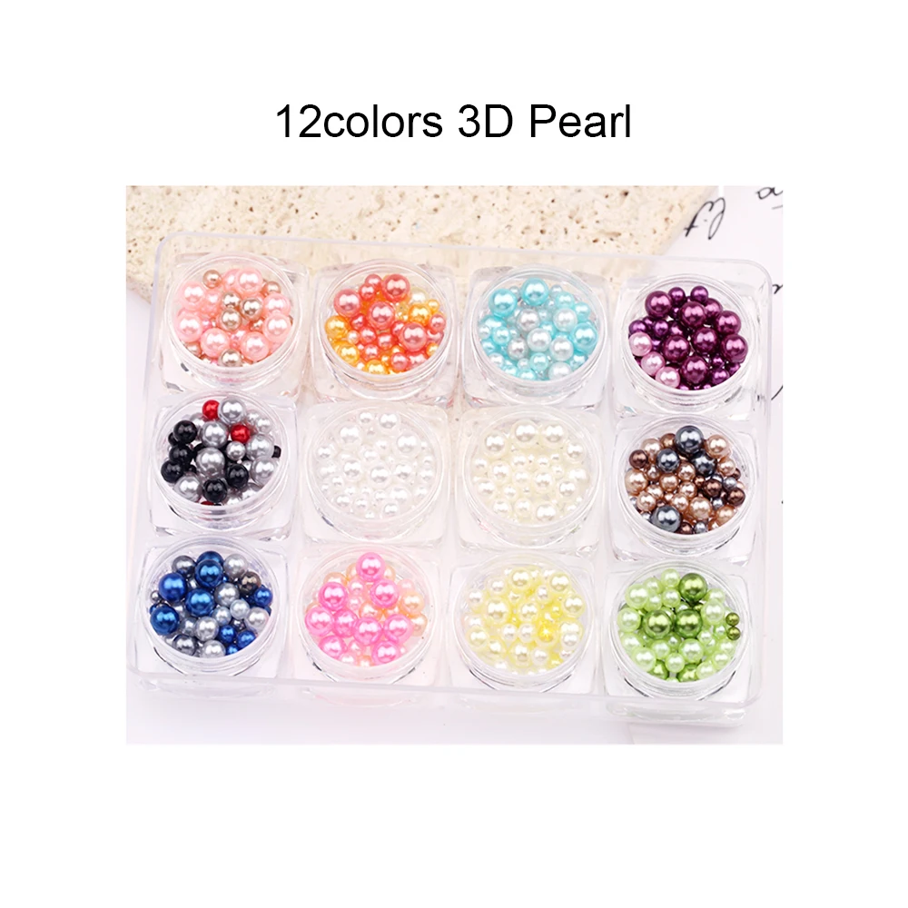 

12 Pot/Set Colorful Charming Pearl Bead Decoration PT44 4MM-6MM Round Pearl Beads Nail Art Pearl Accessory Rhinestone Decoration