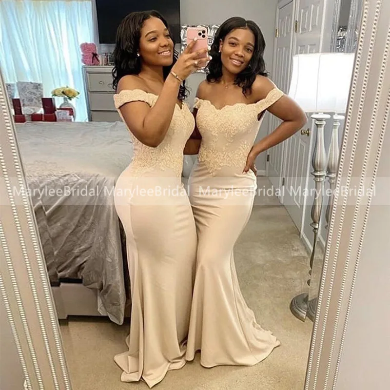 

Off the Shoulder Champagne Bridesmaid Dresses with Lace Applique Mermaid Long Wedding Guest Dress Bride's Reception Gowns Robes