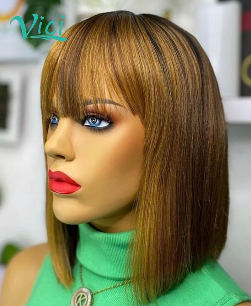 Short Human Hair Wigs With Bangs Highlight Blunt Cut Bob Wig Pre Plucked Baby For Black Women Full Machine Made | Шиньоны и парики