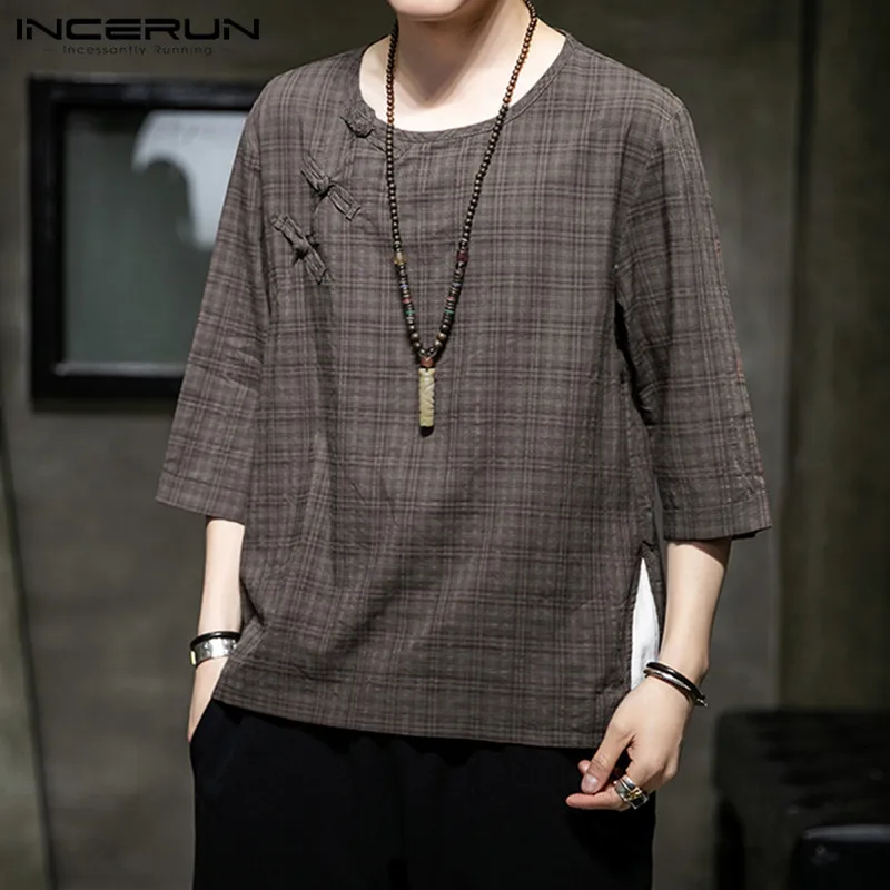 

INCERUN Summer Chinese Style Men Plaid Shirt Vintage Half Sleeve Casual Button Up Camisa Street Retro Traditional Shirts S-5XL