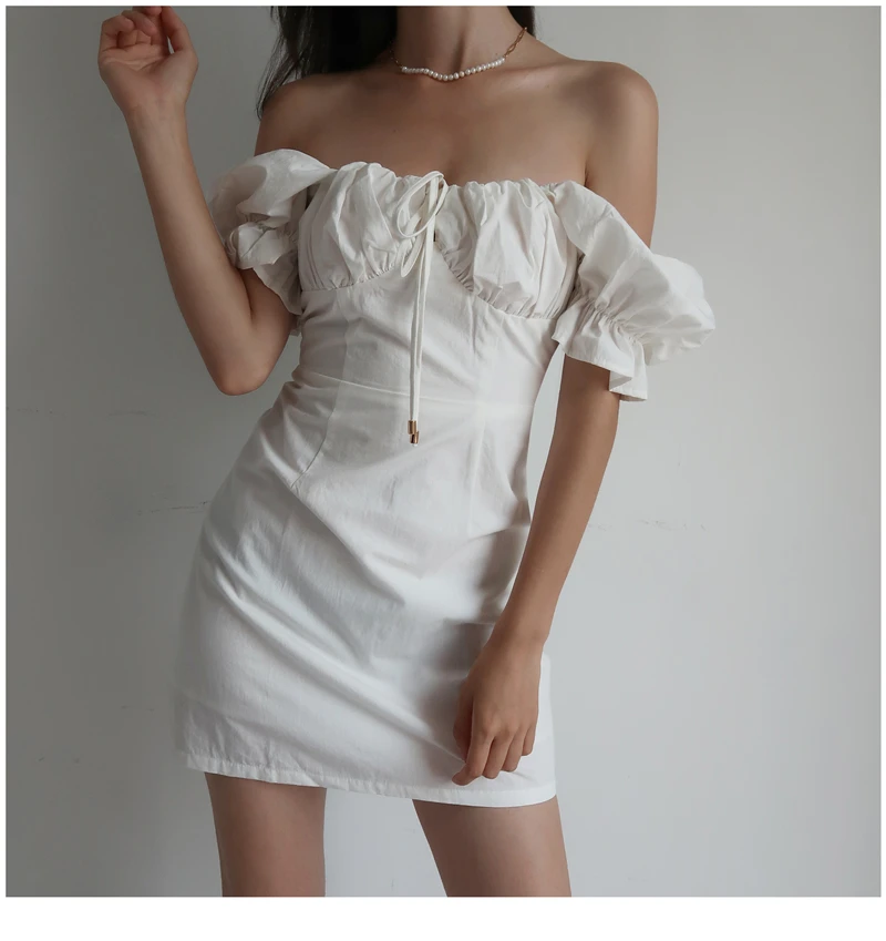 

2021 Summer French Retro Boho Slash Neck Mini Sexy White Women Dress Elegant Puff Sleeve Y2k Casual Party Beach Light Dress Robe