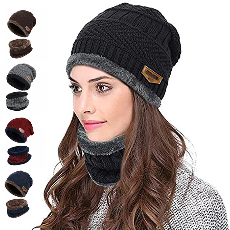 

Aolikes Winter Hat 2-Pieces Warm Knitted Hat And Circle Scarf Set Wool Lining Thick Warm Knit Beanies Female Beanie Hats w