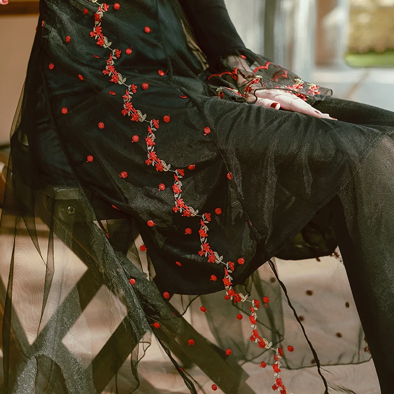 

Retro Black Gothic Dress Women Spring Winter Embroidery Mesh Patchwork Open-Necked Long Sleeve Knitted Sweater Dresses Ladies