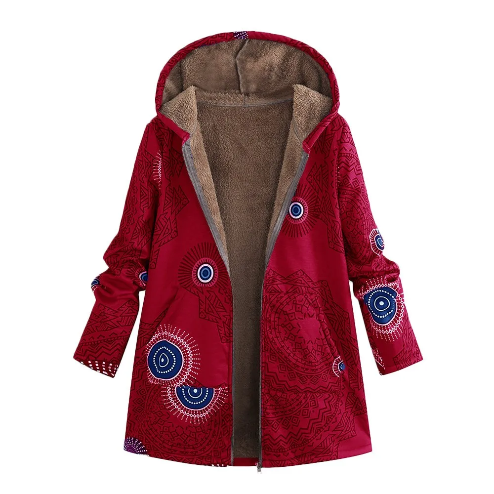 

Womens Winter Warm Outwear Print Hooded Pockets Vintage Oversize Coats female coat 2020 winter fur women's winter clothing 2020
