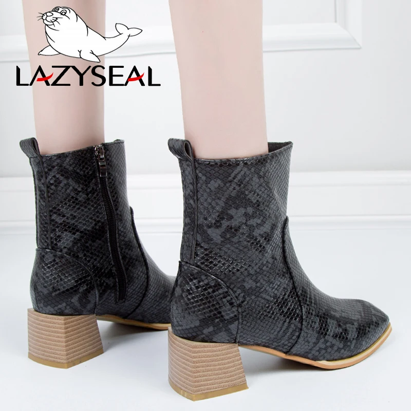 LazySeal Snake Pattern Side Zipper Chelsea Boots Women Shoes Wood Grain Square Heel Ankle Toe Winter Ladies Booties | Обувь