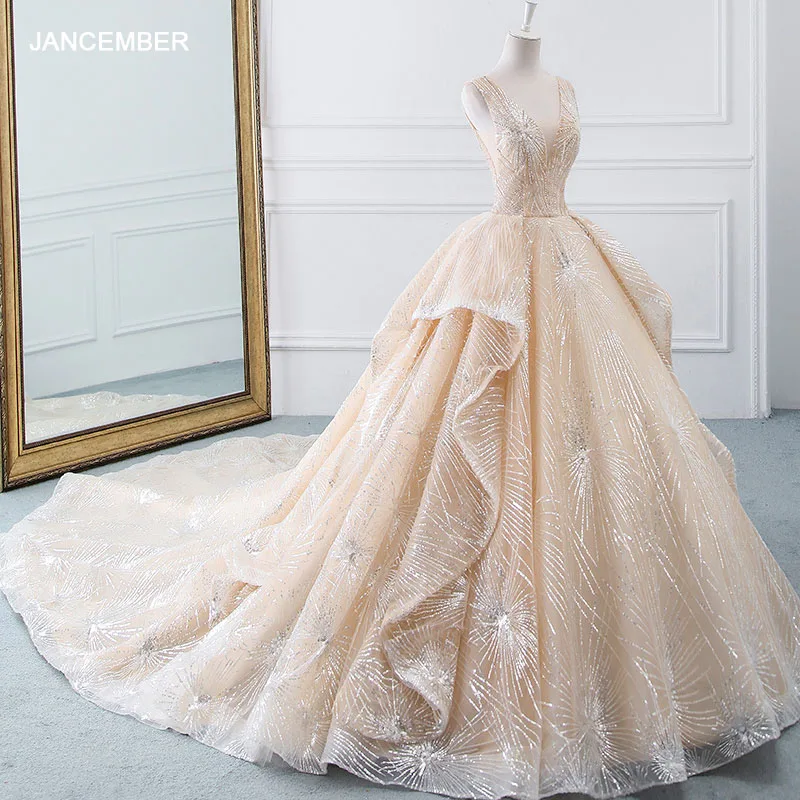 

HLF12 2021 Luxury Wedding Dress Champagne Cheap Designs Bridal Gown Robe Mariée Vestido De Noiva Com Manga Vestidos