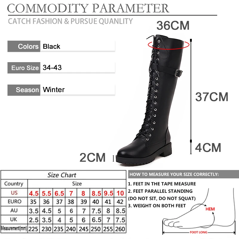 

BYQDY Winter Lacing Knee High Boots Women Spring Autumn Female Rubber Sole High Heels Woman Plus 43 Cow Leather Booties Shoes