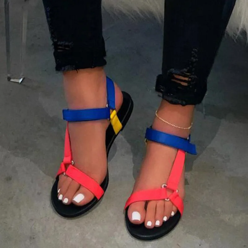 Женские разноцветные сандалии на резиновой застежке липучке с открытым носком