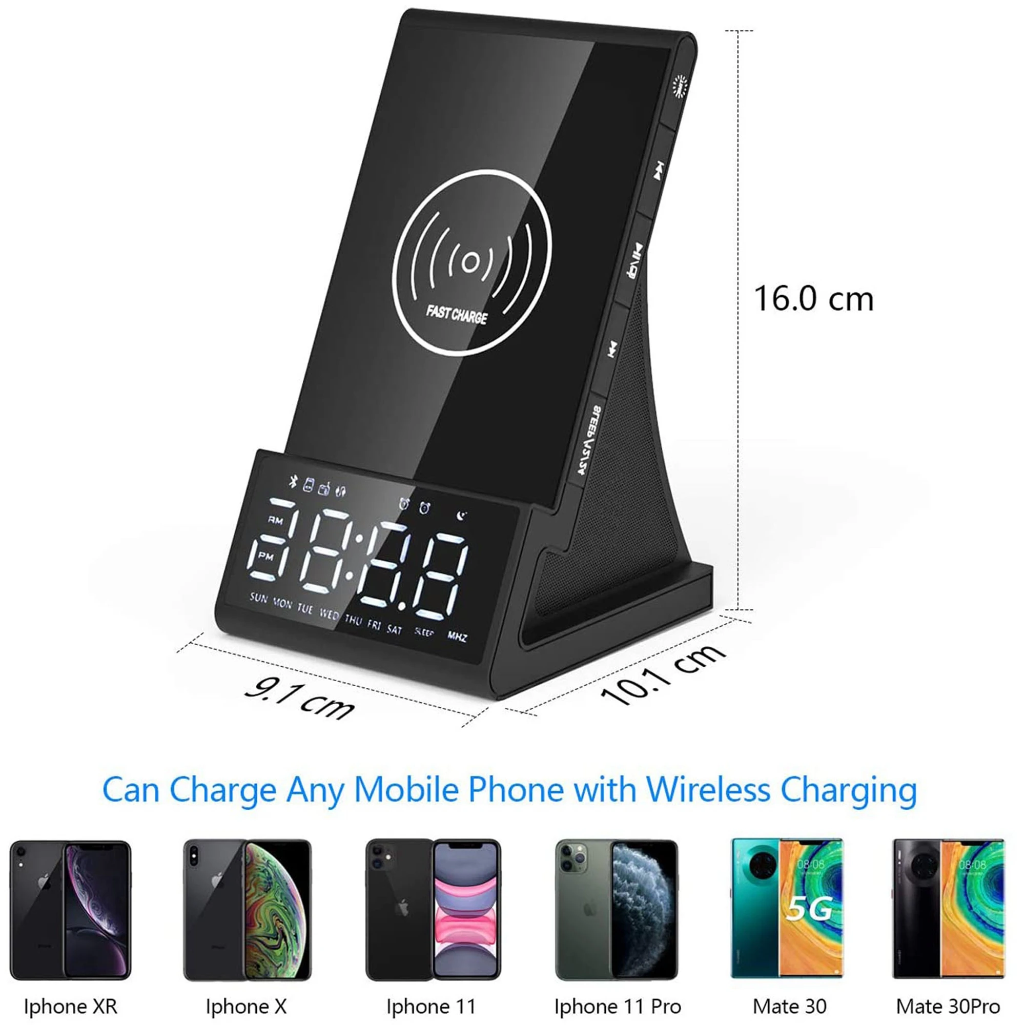 

Alarm Clock Bluetooth Speaker with LED Display Wireless Fast Charge Phone Holders