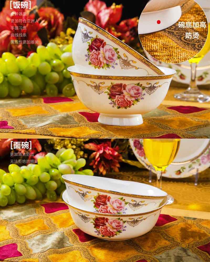 60pcs Flower Style Glazed Jingdezhen Bone China Porcelain Bowl and Dish Plate Set Dinnerware Tableware Set