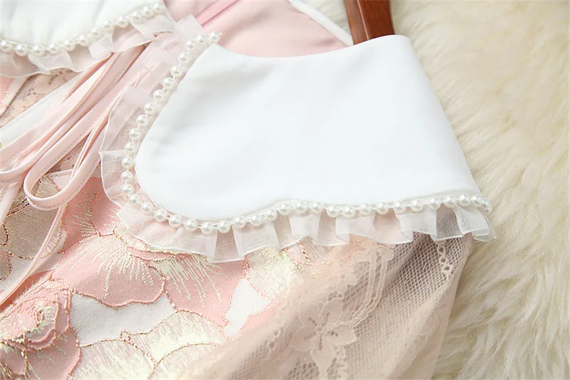 

High Quality Runway Fashion Peter Pan Collar Pearls Floral Jacquard Dress Loose Sweet Vestidos Casual Women Spring Clothes