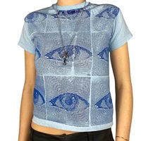 womens eye printed t shirt summer trendy short sleeve round neck slim fit tops
