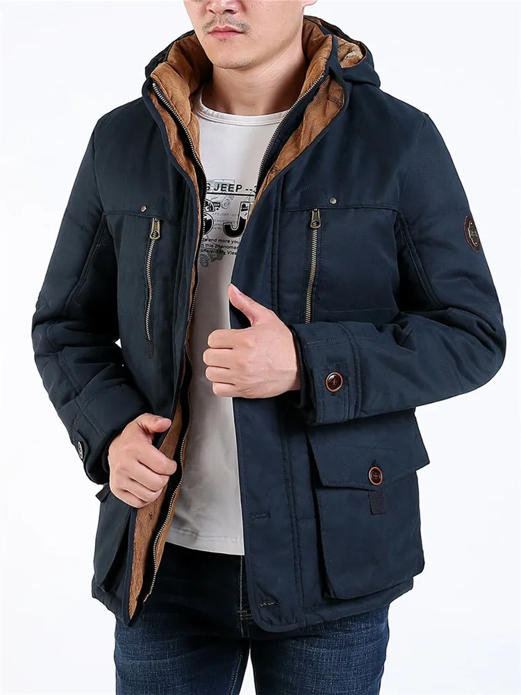 

Winter Men's Parka Coat Thicken Warmth Faux Fur Lined Overcoat Zipper Pockets Detachable Hooded Casual Jacket Windbreaker