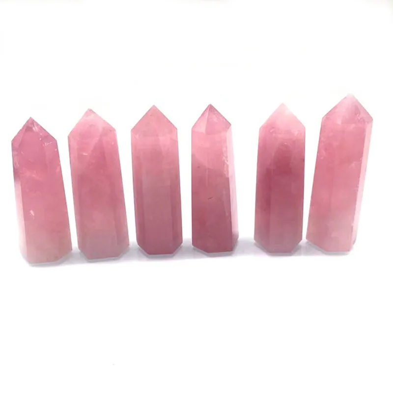 Natural Rock Pink Rose Quartz Crystal Wand Point Healing Mineral Stone Collection DIY Home Decor Hexagonal Treatment Stones