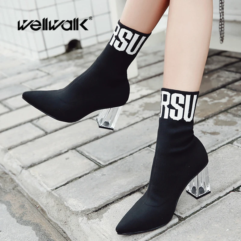 Wellwalk/модные эластичные женские сапоги-носки прозрачные ботильоны на не