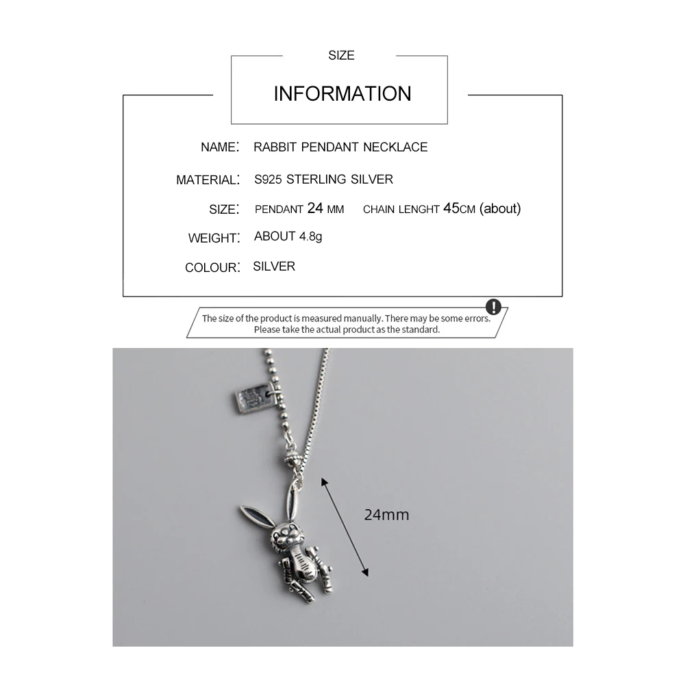

LATS Vintage Distressed 925 Sterling Silver Rabbit Movable Pendant Necklace for Women Korea Style Fine Jewelry