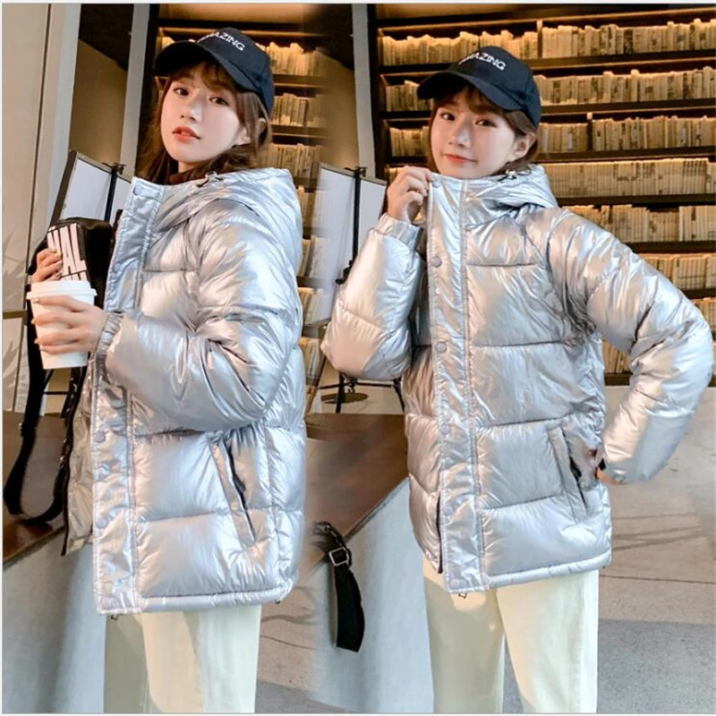 

Silver Glossy Winter Jacket Women Waterproof Jacket Zipper Cotton Coat Outerwear Hooded women Parkas Short student Coats R253