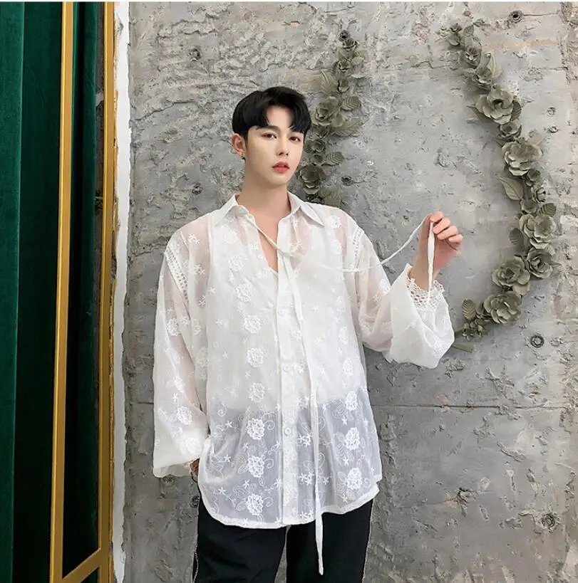 

ZY Summer Abstinence System Organza Embroidery Flower Long-Sleeved Sunscreen Shirt Trendy Men Loose Literary Thin.