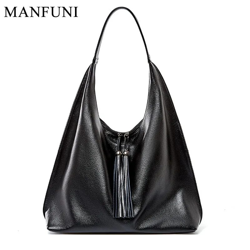 

New Women Shoulder Bag 100% Genuine Leather Fashion Tassel Hobos Handbag Ladies Messenger Crossbody Purse Black Purse Tote