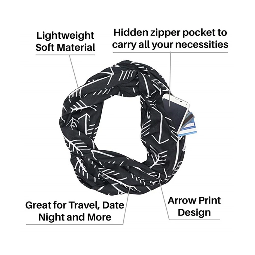 

Women Infinity Scarf Fashion Printed Lightweight Wrap Scarf with Pocket Loop Zipper Pocket Scarves for Women Girls Black