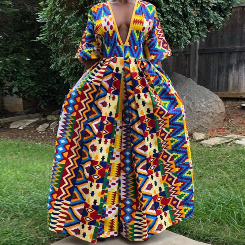 

Abstract Geometrical Print Half Sleeve Wide Leg Jumpsuit Deep V-neck Loose One Piece Romper