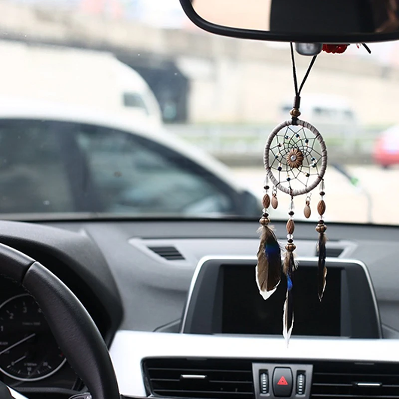Мини Ловец снов для автомобиля украшенный бисером натуральные перья и ручная