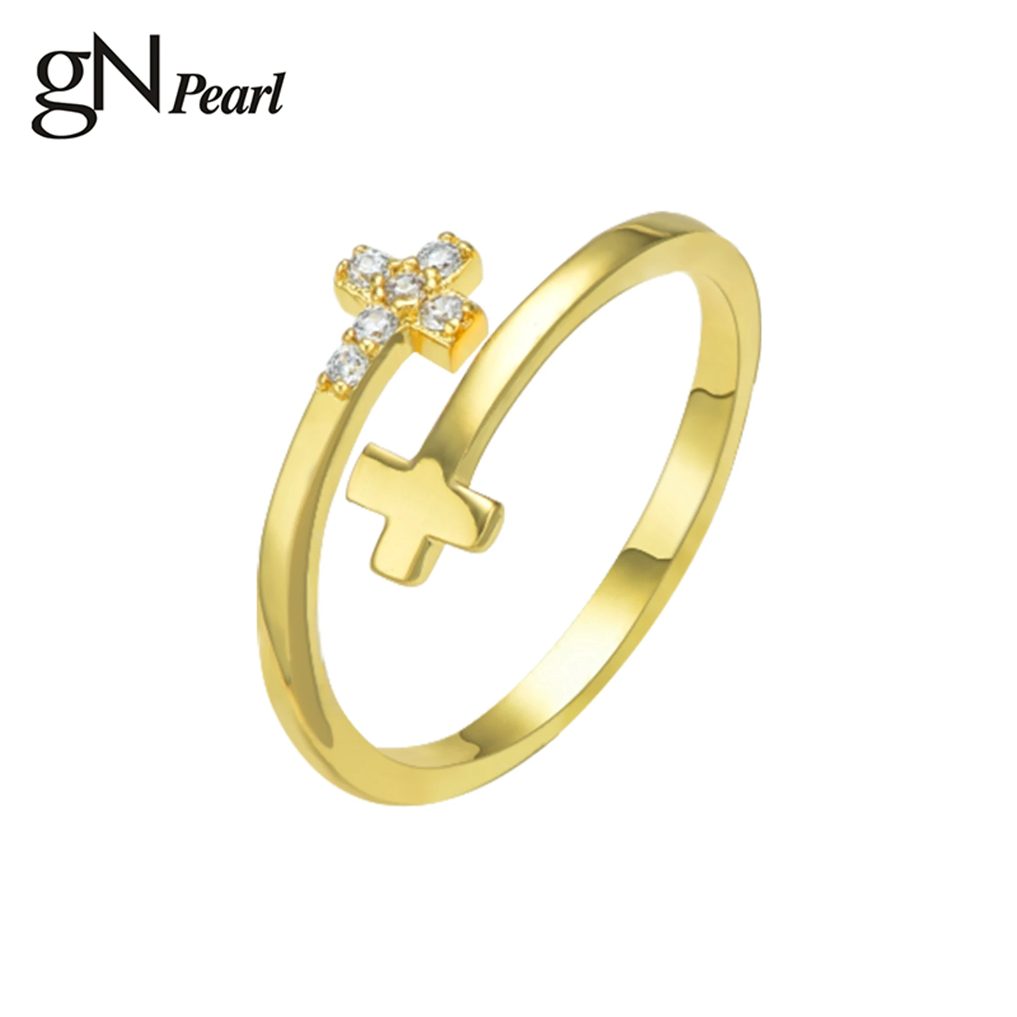 

gN Pearl Cross Opening Adjustable Rings Zircon Jewelry Ornaments For Women Girls Gift Simple Style Gold Color