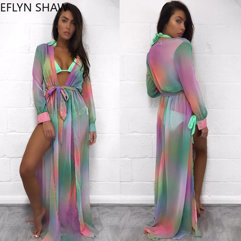 Женское пляжное платье с длинным рукавом шифоновое макси-платье глубоким