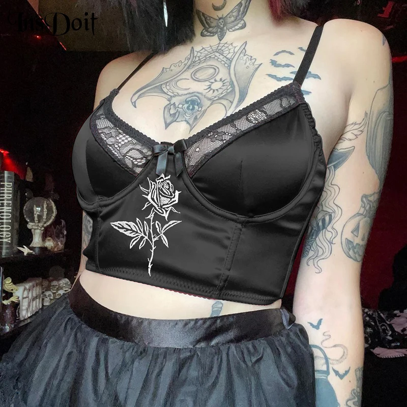 

InsDoit Dark Goth Rose Embroidery Crop Top Women Vintage Lace Black Aesthetic Camis Streetwear Harajuku Backless Punk Grunge Top