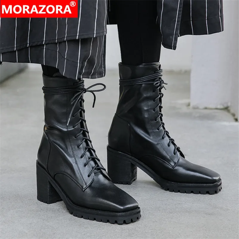 MORAZORA/2020 Лидер продаж Ботильоны черного цвета на Высоком толстом каблуке с