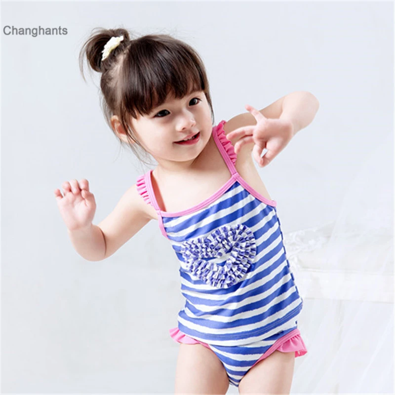 

1-8 Y Girls Two Pieces Swimwear Children Swimsuit Baby Swimming Suit with Purple Stripe and Heart Pattern Bathing
