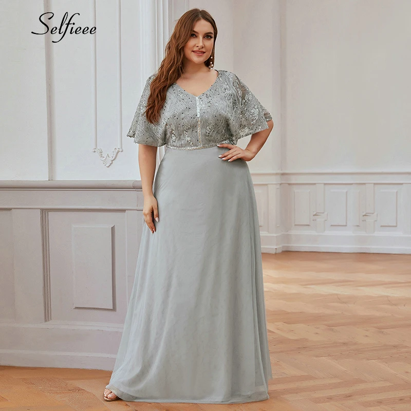 Женское платье размера плюс серое ТРАПЕЦИЕВИДНОЕ с v образным вырезом и