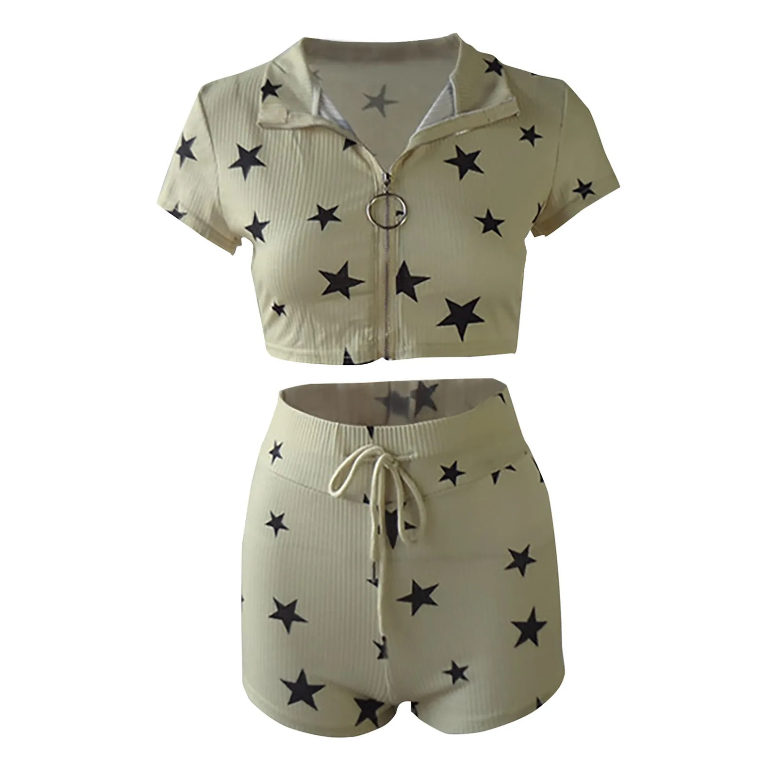 

Fashion Women Sportswear Sexy Star Print Zipper Sportswear 2PC Tracksuit Short Sleeve Sets tracksuits sweatshirt female loungewe