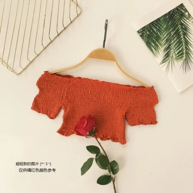 Short Tops Элегантная женская мини-рубашка с вырезом лодочкой, повседневная, милая, женская, короткий рукав, эластичная, высокая талия, тонкая блуза, сексуальная, короткий топ - Цвет: Short Tops