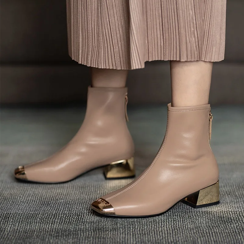 

brand stretch fabric ankle boots for women metal square toe high heels shoes woman high heel scock boots ladies party shoes pump