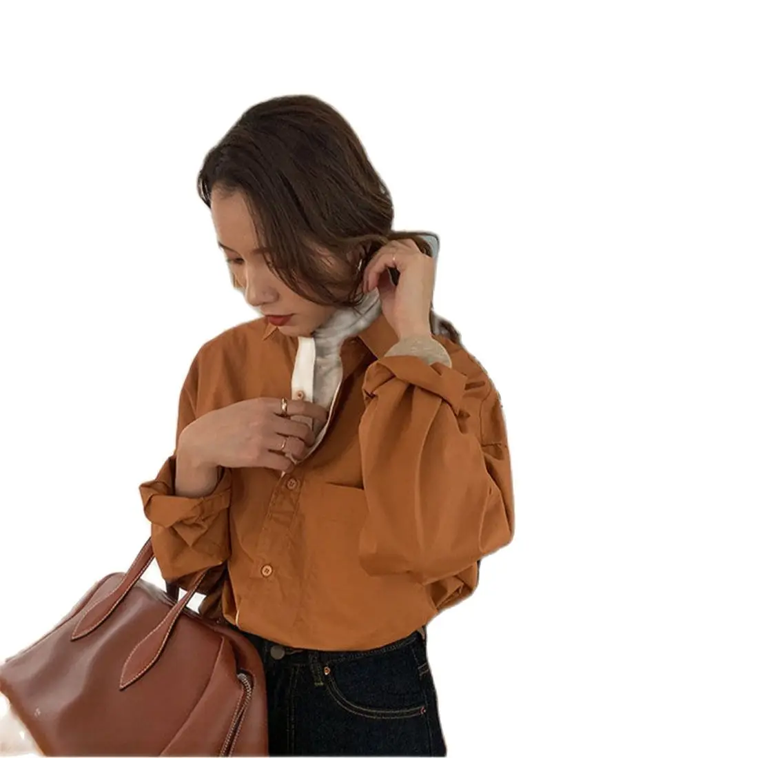

Casual Solid Turn Down Collar Button Up Shirt Blouse Women All-Match Long-Sleeve Point Retro Trend Decoration Stand Loose Tops