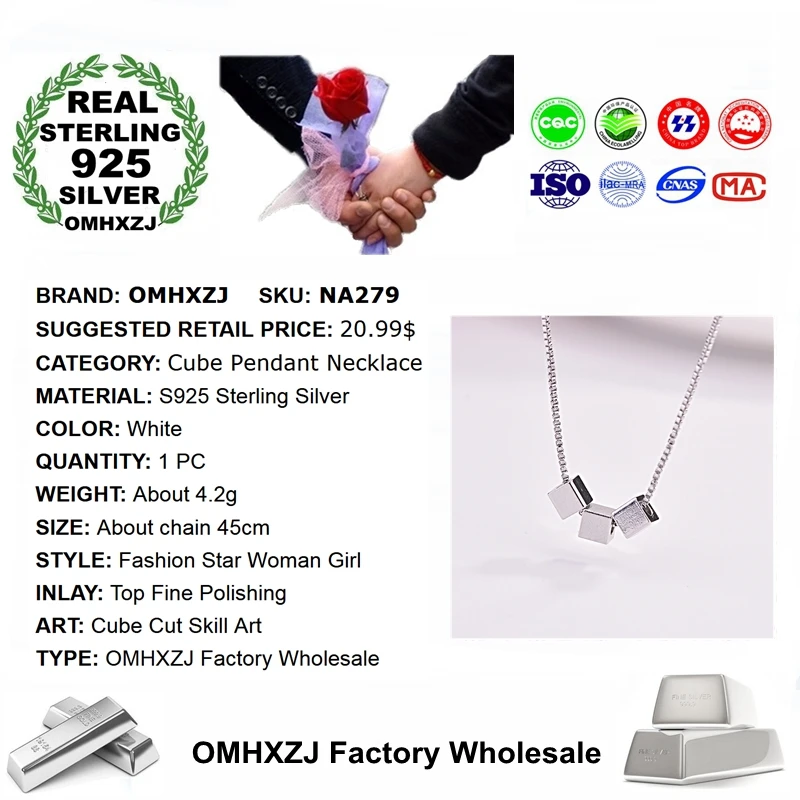 Ожерелье OMHXZJ из серебра 925 пробы с подвеской в виде простых кубиков для женщин и