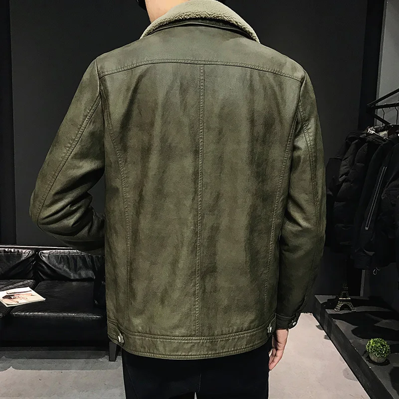 Мужская кожаная Модная приталенная Корейская зимняя куртка с меховым воротником