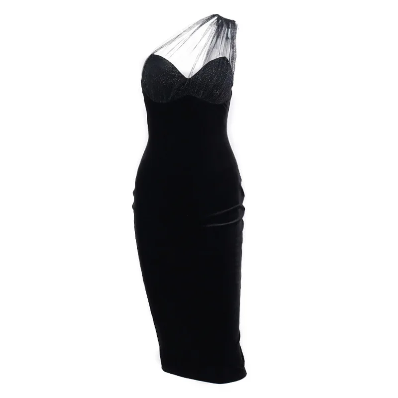 

FAKUNTN Black Party Bodycon Dress Women's Summer Sexy Dress 2021 Women Robe Sleeveless See-through One Shoulder Long Dresses