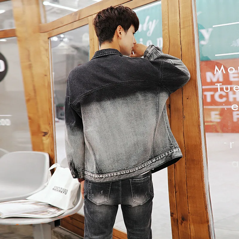 Autumn men's masculine Denim suit 2 pieces black gradient denim jacket coat slim oversized jean jackets men windbreaker Cardigan | Мужская