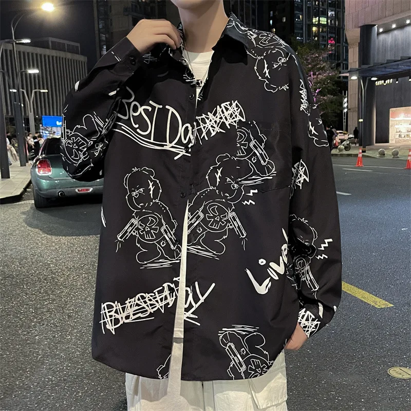 Graffiti Shirt Mens Long Sleeve Print Shirt Loose Button Cardigan Shirts for Men Autumn Thin Coat Mens Fashion Clothing