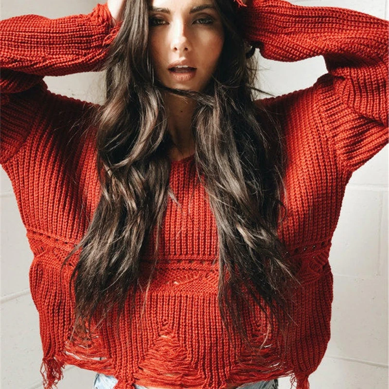 Winter and Autumn Fashion V Neck Fringe Distressed Knitted Female Sweater Long Sleeve Frayed Pullover Women | Женская одежда