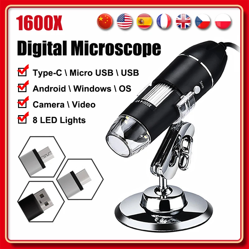 Microscopio Digital electrónico portátil para soldadura, lupa LED, cámara de mano, USB, reparación de teléfonos móviles, 1600X