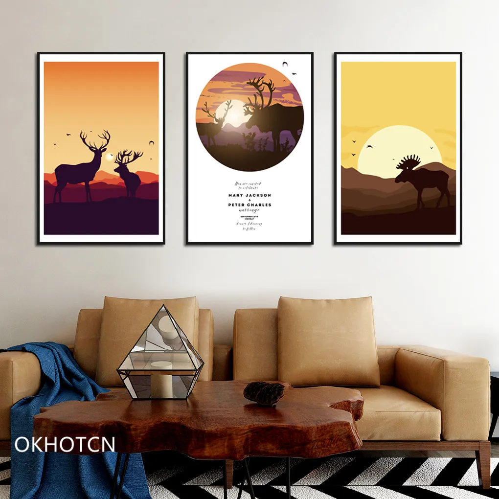 Скандинавский мультяшный пейзаж с оленем холст картина современное животное