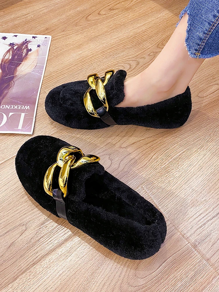 

All-Match Casual Woman Shoe Slip-on Round Toe Loafers Fur Female Footwear Modis Winter Slip On New Comfortable Dress 2021 Solid