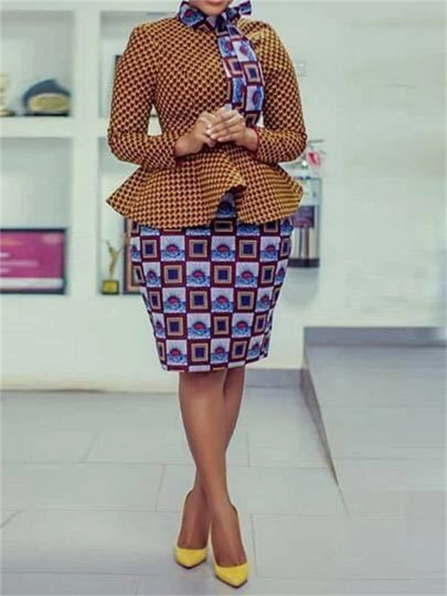 

Women Hot Split African Style Design Printed Round Neck LongSleeve Stitching Dress Ruffled Slim High Waist Bag Hip Banquet Skirt