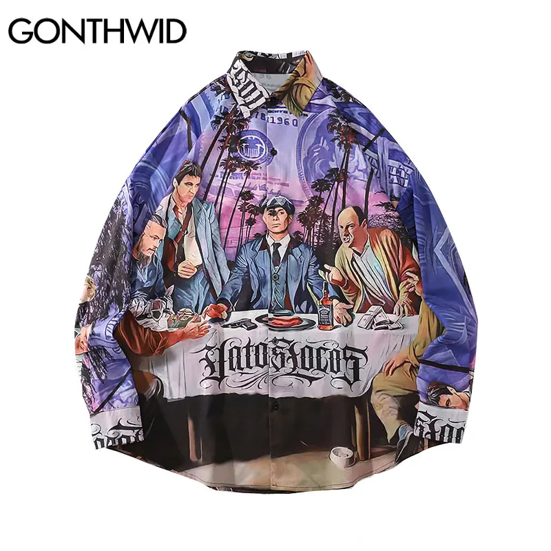 

GONTHWID Harajuku Streetwear Long Sleeve Shirts Character Print Punk Rock Gothic Blouse Shirt Hip Hop Fashion Loose Casual Tops