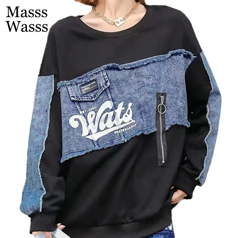 

Masss Wasss Korean New 2021 Black Tops Ladies Long Sleeve Casual T-shirt Women Zipper Punk Streetwear Printed Denim Tee Shirts