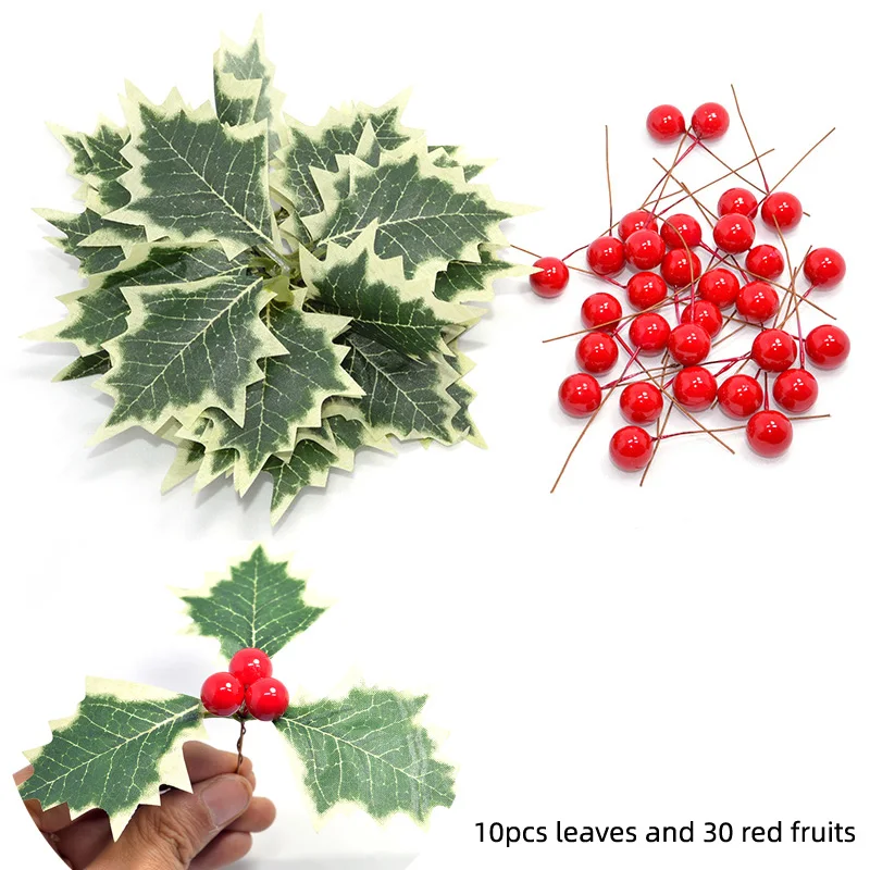

10Pcs Silk Flower Artificial Leaf Leaves Artificial Holly Berries Red Cherry Little Fruits Christmas Home Decoration