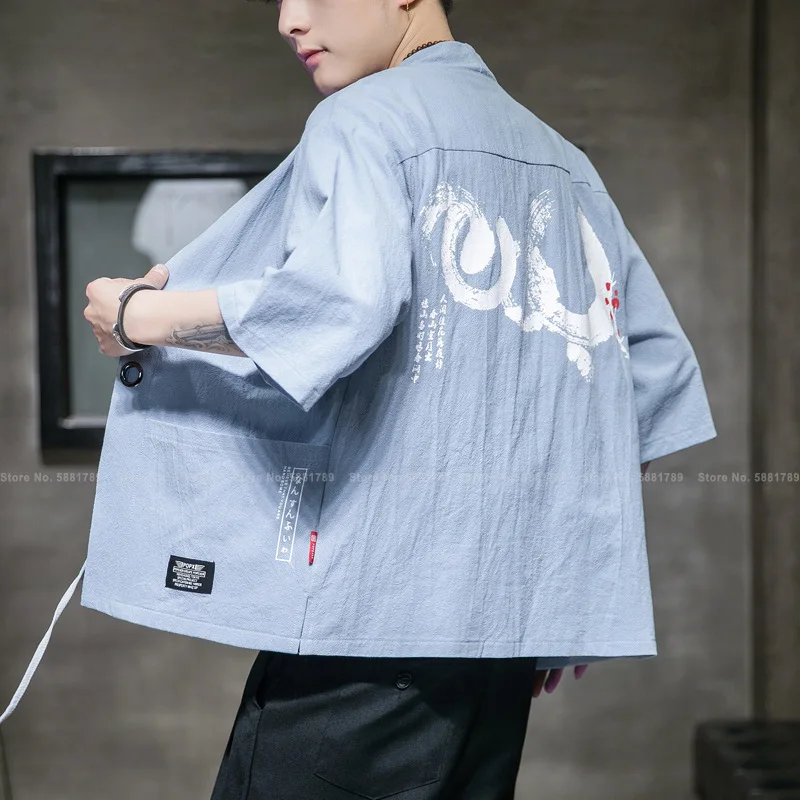 Men Chinese Style Hanfu Retro Printed Tang Suit Robes Cloak Shirts Cardigan Casual Jackets Stand Collar Lace Up Coats Streetwear |